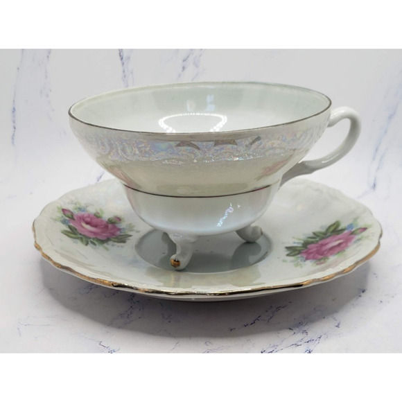 Porcelain Lusterware Pink Rose With Gold Trim Footed Teacup & Saucer Set - Picture 1 of 16